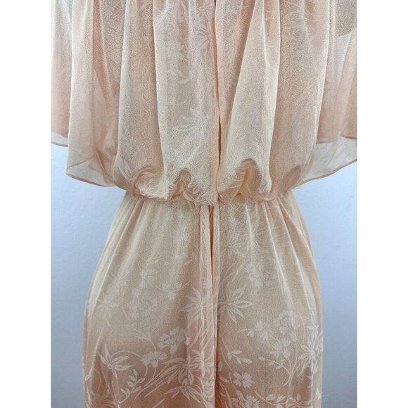 Vintage 70s Chiffon Dress Split Sleeve Maxi Capelet Peach Floral Split Sleeve - Picture 4 of 16